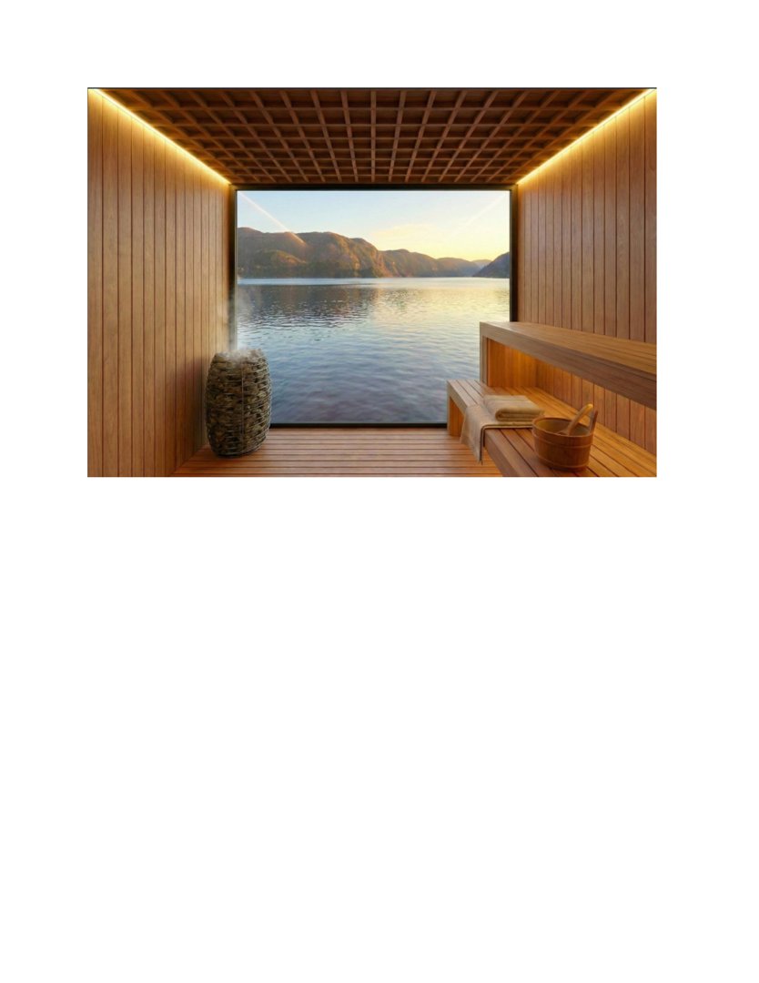 3D-visualisering av et interiør, sannsynligvis en sauna, med utsikt over vann og fjell.