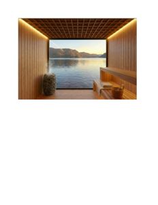 3D-visualisering av et interiør, sannsynligvis en sauna, med utsikt over vann og fjell.