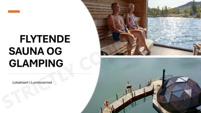 Fotografi som viser en flytende sauna og glamping-plassering i Lundevannet, med personer i saunaen og en utsikt over vannet.