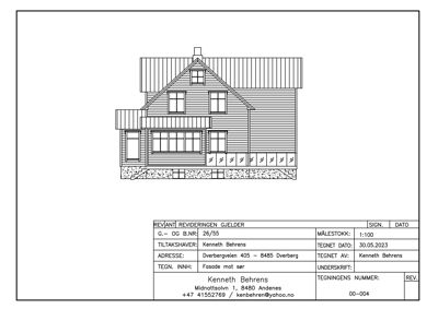 Fasadetegning som viser bygningens utseende sett fra 'fasade mot sør'.