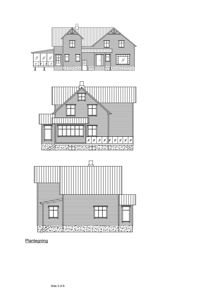 Bildet viser tre fasadetegninger (opprikk) av en bygning sett fra ulike vinkler. Under tegningene står teksten 'Plantegning', men dette er en feilbetegnelse siden tegningene viser fasader, ikke etasjeplaner.