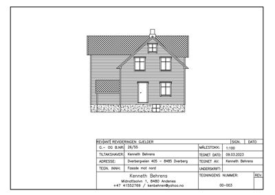 Fasadetegning av en toetasjes bolig sett fra nord, med tegningsinformasjon i bunnen.