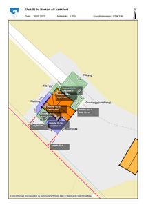Situasjonsplan som viser tomtens form, grenser, eksisterende og planlagt bygninger med mål og arealdata.