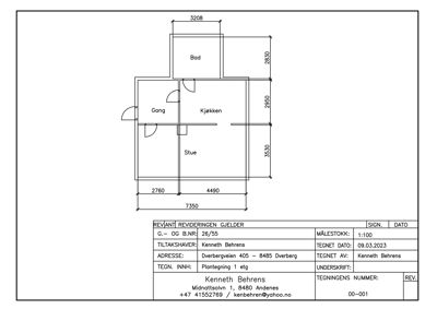 Plantegning av første etasje (1 etg) som viser romfordeling (Stue, Kjøkken, Gang, Bad) og mål på rommene.