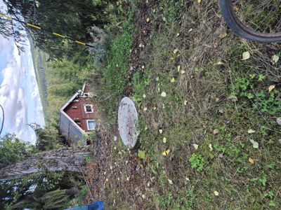 Fotografi av en rød hytte sett fra siden, med en grusvei, et manuell vannhjul og en skogbakgrunn.