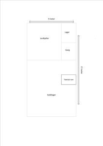 Etasjeplan eller plantegning som viser romfordeling i en bygning (jordkjeller, lager, garasje, teknisk rom og kaldt lager) med angitte mål.