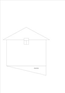 En tegning som viser fasaden (framsiden) av en bygning sett fra utsiden, med takform og vindusoppsett.