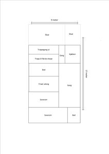 Etasjeplan som viser romfordeling, dimensjoner (9 meter x 17 meter) og funksjoner som stue, kjøkken, soverom og bad.