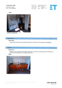 Fotografier av et kjøkken og et kjøkken med vedkomfyr.