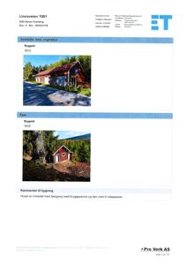 Dokumentet inneholder to fotografier av bygninger (vedskåle, bod, vognskjul og fjøs) med tilhørende tekst om byggeår og kommentarer.