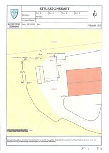 Situasjonskart som viser eiendomsnummer, grenser, mål og bygningsplassering.