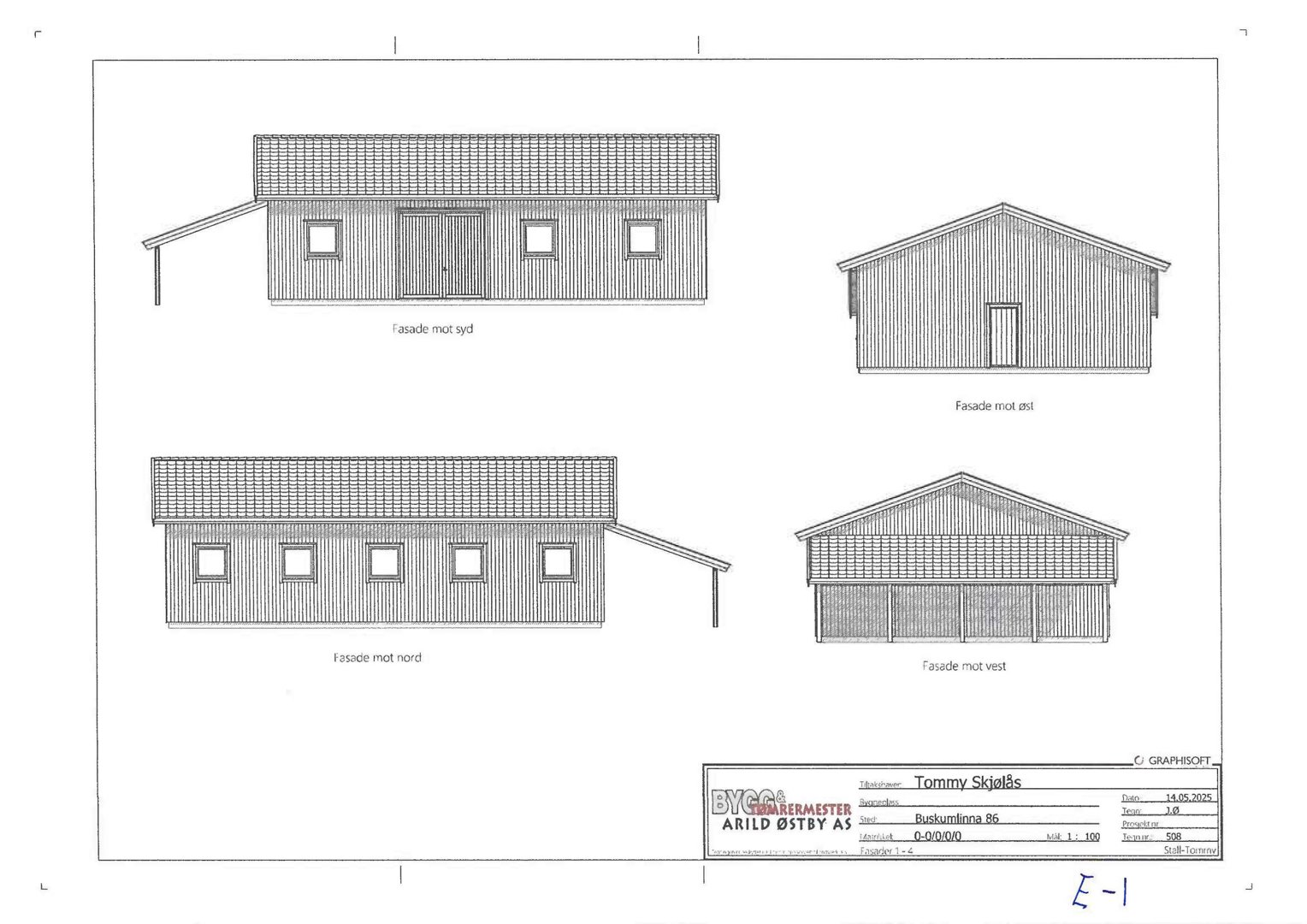 Fasadetegning som viser bygningens utseende fra fire sider (nord, syd, øst, vest).