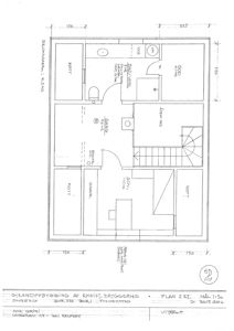Etasjeplan (2. etasje) for en eksisterende bygget som viser romfordeling, dimensjoner og funksjoner.