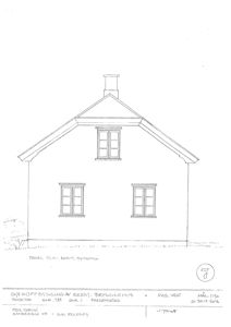 Fasadetegning (opprikk) av en eksisterende bygning sett fra vest.