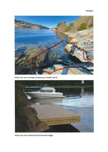 Fotografier av et kystområde med en utstrekning ved flo og et eksempel på en brygge.