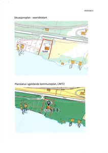 Bildet viser to kart som illustrerer tomtens plassering i forhold til omgivelsene (situasjonsplan) og den gjeldende arealbruksplanen (kommuneplan).