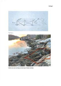 Fotografi av en kystlinje med en markert område (rød linje) som viser planlagt utstrekning av tiltaket ved fjøret.