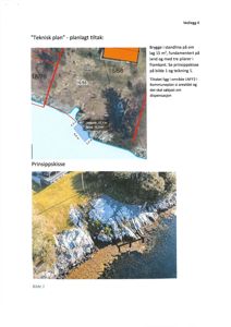 Bildet viser en prinsippkisse (fotografi) av et bryggeanlegg ved kysten, inkludert en brygge, en båt og en strand.