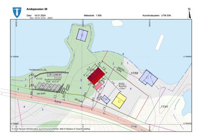 Situasjonsplan for Andopsveien 39 som viser tomtens grenser, naboeiendommer (17/59 og 17/41), eksisterende bygninger, planlagte inngrep (rødt område) samt siktelinjer og høydemål.