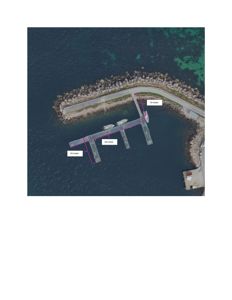 Flyfoto eller satellittbilde av en kai med overlagte målinger (10 meter, 50 meter) og en lilla linje som markerer en planlagt eller eksisterende struktur.