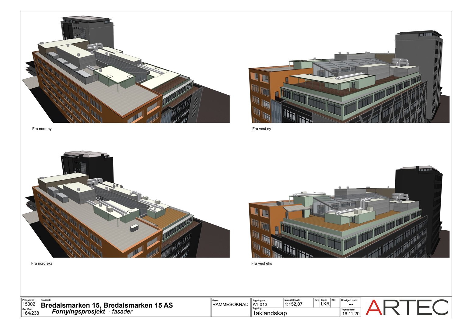 Bildet viser fire 3D-visualiseringer (renderinger) av fasader på et byggprosjekt. Det er tegnet inn tekster som 'Fra nord ny', 'Fra vest ny', 'Fra nord eks' og 'Fra vest eks', som indikerer at det er nye og eksisterende fasader fra ulike vinkler.