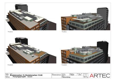 Bildet viser fire 3D-visualiseringer (renderinger) av fasader på et byggprosjekt. Det er tegnet inn tekster som 'Fra nord ny', 'Fra vest ny', 'Fra nord eks' og 'Fra vest eks', som indikerer at det er nye og eksisterende fasader fra ulike vinkler.