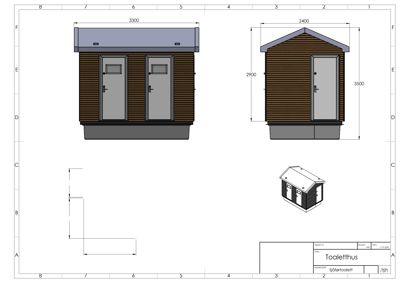 Fasadetegning av et toalettbygg med oppriss (front- og sideutsnitt) og en liten 3D-perspektivvisning.