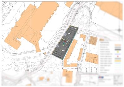 Situasjonsplan som viser eksisterende og planlagt bebyggelse, vegnett, topografi og eiendomsgranser.