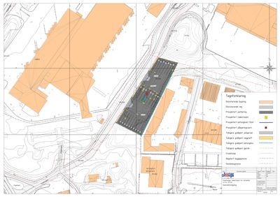 Situasjonsplan som viser eksisterende og planlagt bebyggelse, vegnett, topografi og eiendomsgranser.