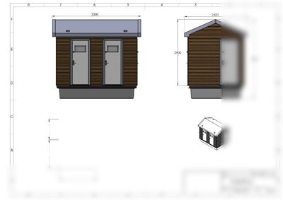 Fasadetegning av et toalettbygg med oppriss (front- og sideutsnitt) og en liten 3D-perspektivvisning.