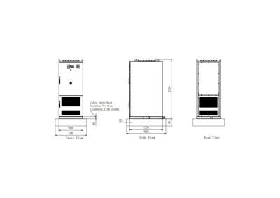Tegning som viser detaljerte dimensjoner og utsnitt (Front View, Side View, Rear View) av en teknisk enhet eller maskin.