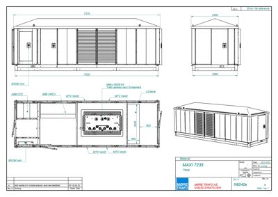 En teknisk tegning som viser detaljer for en MAXI 7235 transformator fra MORE TRAFØ AS. Tegningen inneholder oppriss, snitt og dimensjoner for utstyret.