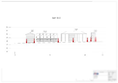 Snittegning (Snitt D-D) som viser bygningenes høydeprofil, takhøyder og grunnplan sett fra siden.