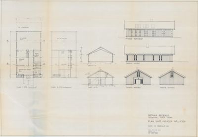 Et sammensatt arkitektarkiv som viser etasjeplaner (PLAN 1. ETO, PLAN 2. ETO), snittegninger (SNITT A-A, SNITT B-B) og fasadetegninger (FASADE NORDVEST, SYDVEST, NORDØST, SYDØST) for en bygning.