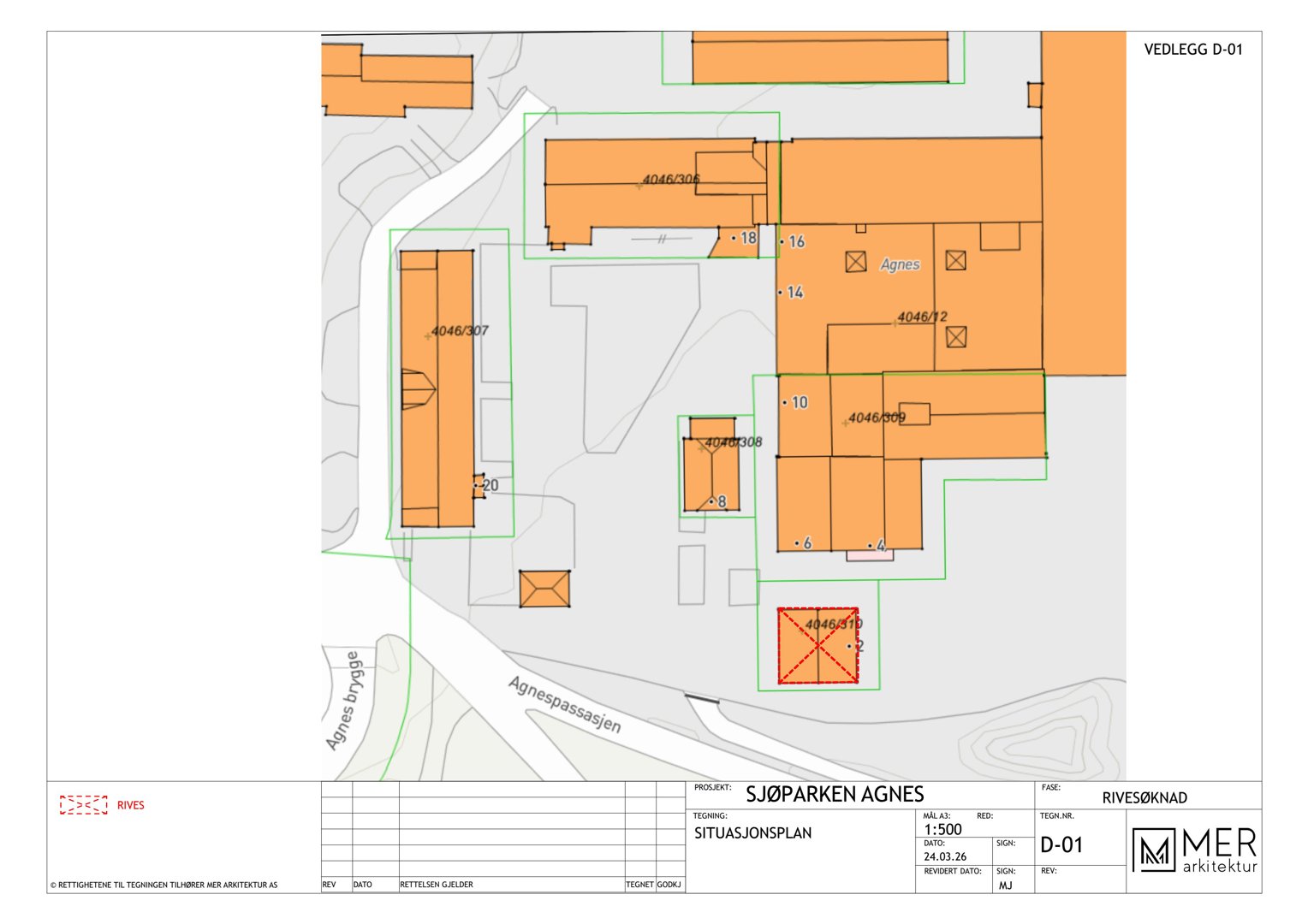 Situasjonsplan som viser bygningenes plassering på tomten med omgivende veier (Agnes Brygge, Agnespassasjen) og høydemål.