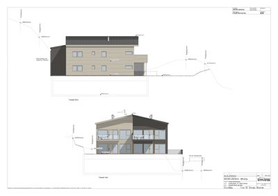 Fasadetegning som viser bygningens utseende fra nord og vest, inkludert høydeoppgaver og terrengforhold.