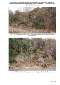 Fotografier av skråningen mot veien i vest, som viser steinblokker og terrengforhold utenfor tomten.