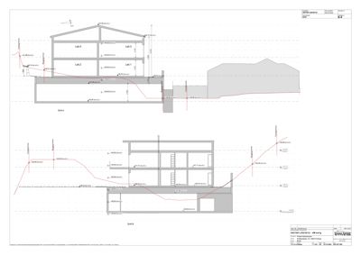 Snittegning (Snitt A og Snitt B) som viser bygningens høyder, etasjer og grunnplan.