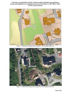 Bildet viser to kartutsnitt (Gardskart) som illustrerer tomtens beliggenhet, grenser og nabolag i forhold til terrenget og veier.