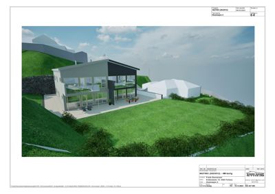 3D-visualisering av en moderne villa på et skrått terreng med omgivelser.