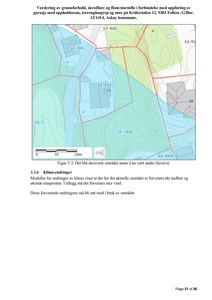 Kart som viser et topografisk kart over et område med konturlinjer, høydemålere (f.eks. 12/1414) og et blå-skravert område som indikerer havnivå. Teksten forklarer at dette er en vurdering av grunnforhold, skredfare og flomfare.