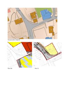 Bildet viser en samling av situasjonsplaner og planer (Plan 258, Plan 16) som illustrerer tomtens plassering i forhold til nabolaget, veier og regulering.
