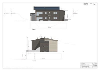 Fasadetegning som viser bygningens utseende fra to sider (Sør og Øst) med høydemål og terrengforhold.