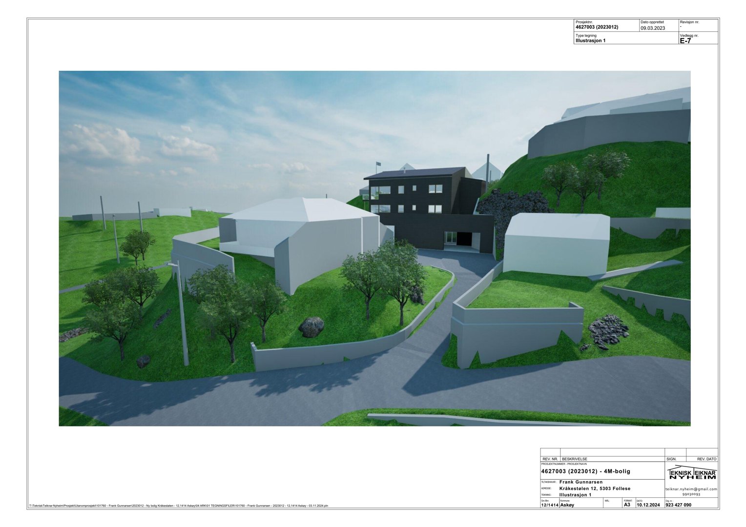 3D-visualisering av et boligprosjekt med flere hus på et skrått terreng, inkludert vei, hekk og trær.