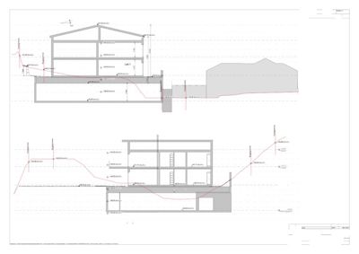 Snittegning (Snitt A og Snitt B) som viser bygningens høyder, etasjer og grunnplan.