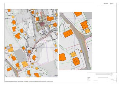 Situasjonsplan som viser tomt, bygninger, vegnett og høydemålerlinjer.