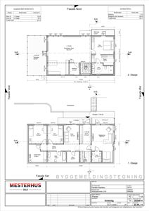 Byggemeldingstegning som viser etasjeplaner for 1. og 2. etasje med romfordeling, mål og snitt.