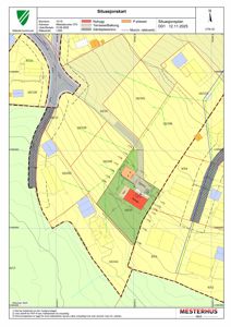 Situasjonsplan som viser bygningens plassering i forhold til nabolaget, vegger, høydeforhold og eiendelsgrenser.