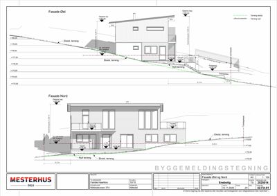 Fasadetegning som viser bygningens utseende fra øst og nord, inkludert høydeangivelser (høydekurver) og terrengforhold.