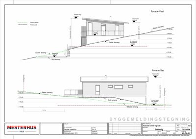 Fasadetegning som viser bygningens utseende fra vest og sør, inkludert høydehøyder (eksisterende/nytt terreng) og detaljer om takform og vinduer.